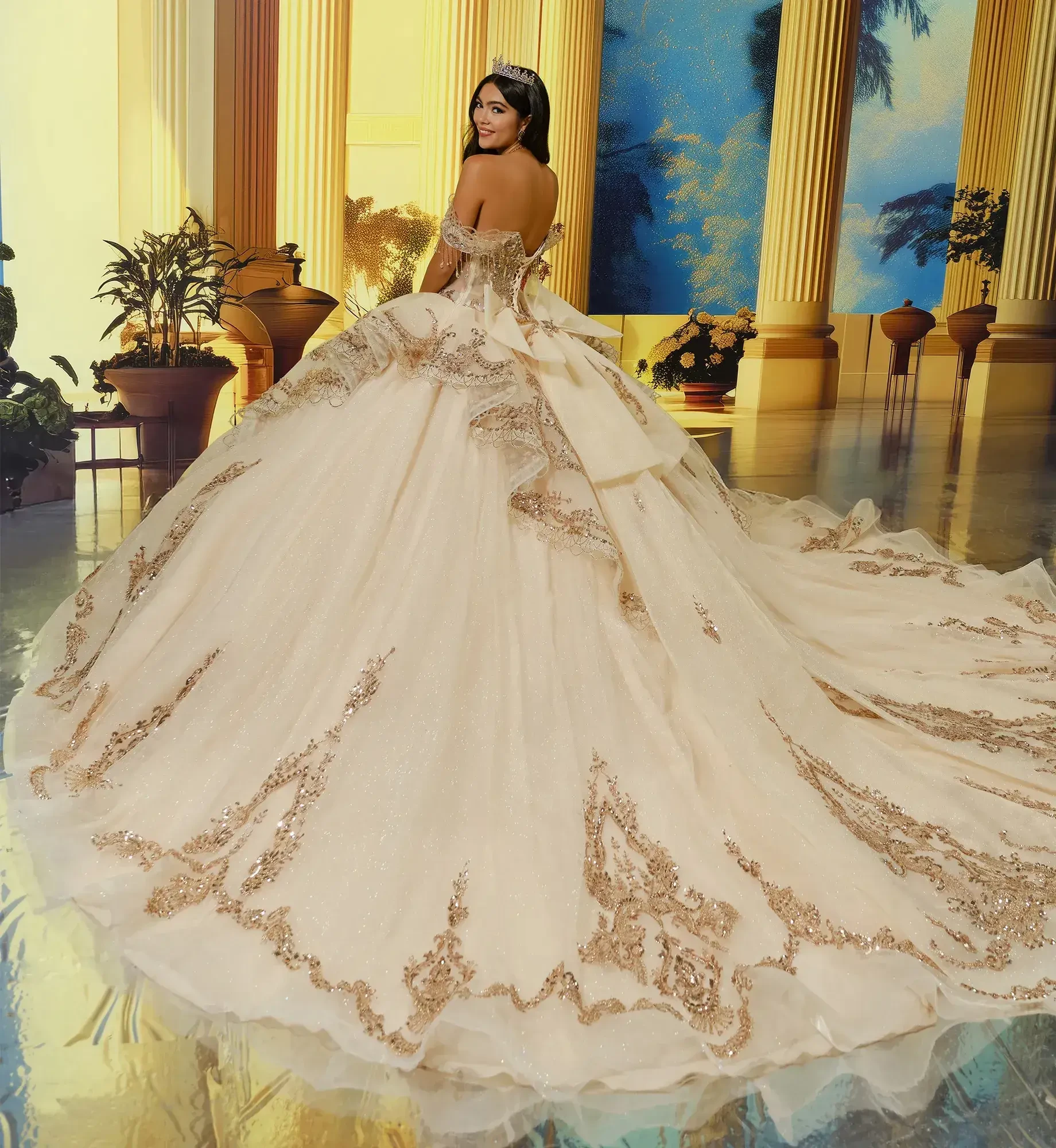 A woman wearing a luxurious, elaborate wedding gown with intricate golden detailing, standing in a grand setting with decorative columns and plants.